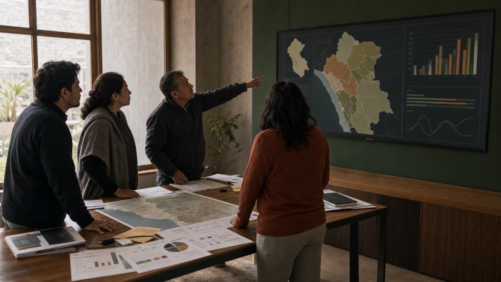 A decision team reviewing a territorial map and management indicators