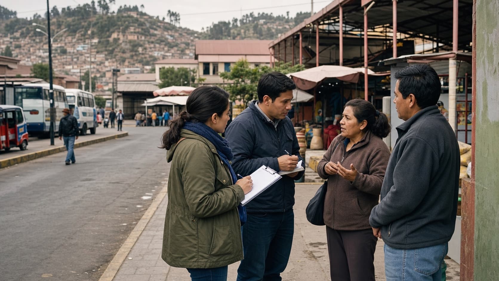 Equipo de investigación conversando con residentes durante trabajo de campo en una ciudad peruana